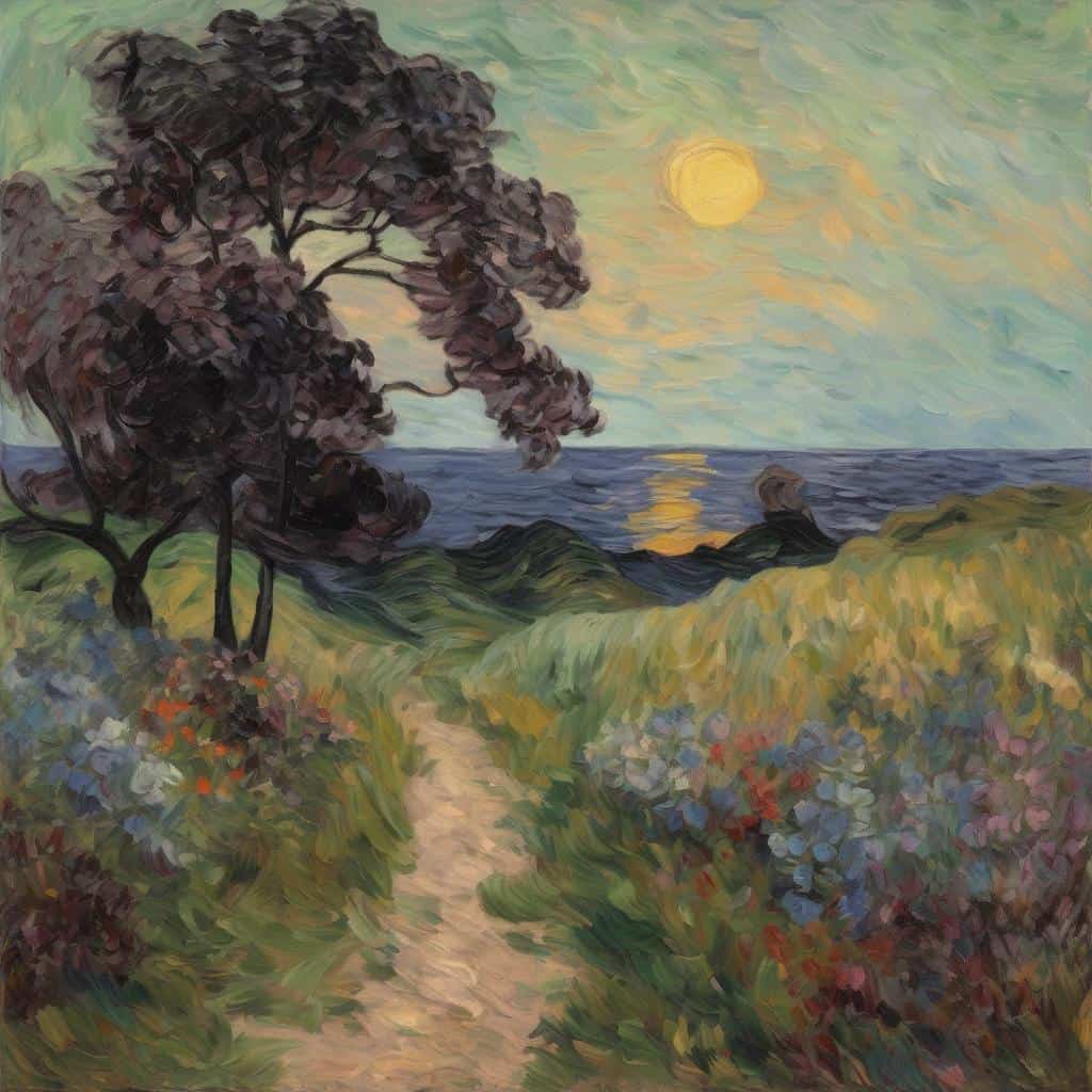 Λιμνοθάλασσα με φεγγάρι και γλ. πευκόφυτη ακτή, σε εντυπωσιακό εικαστικό στιλ.