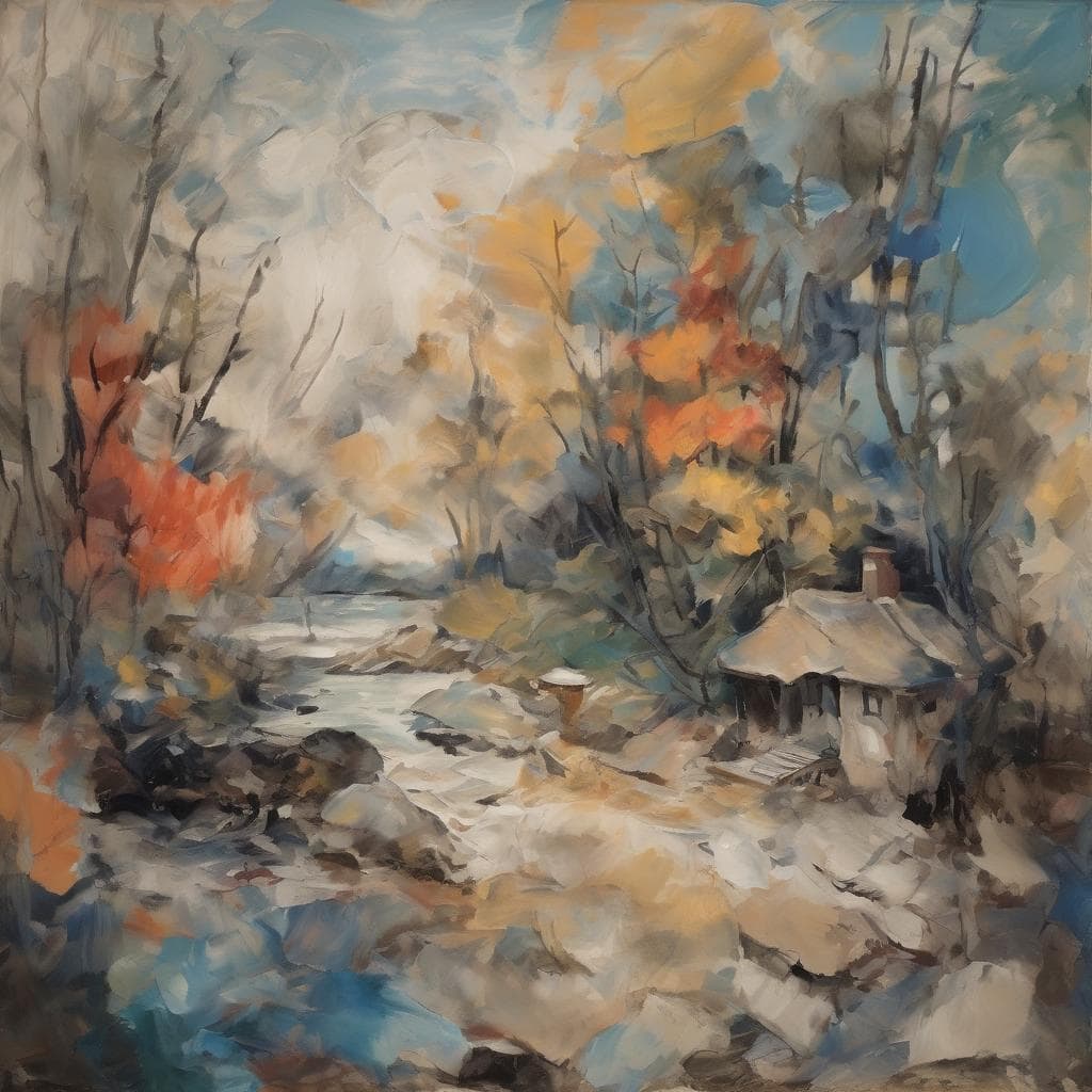 φωτογραφία τοπίου με φθινοπωρινά δέντρα και ρευστό ποτάμι, εντυπωσιακός εικαστικός χειρισμός ζωγραφικής τεχνικής.