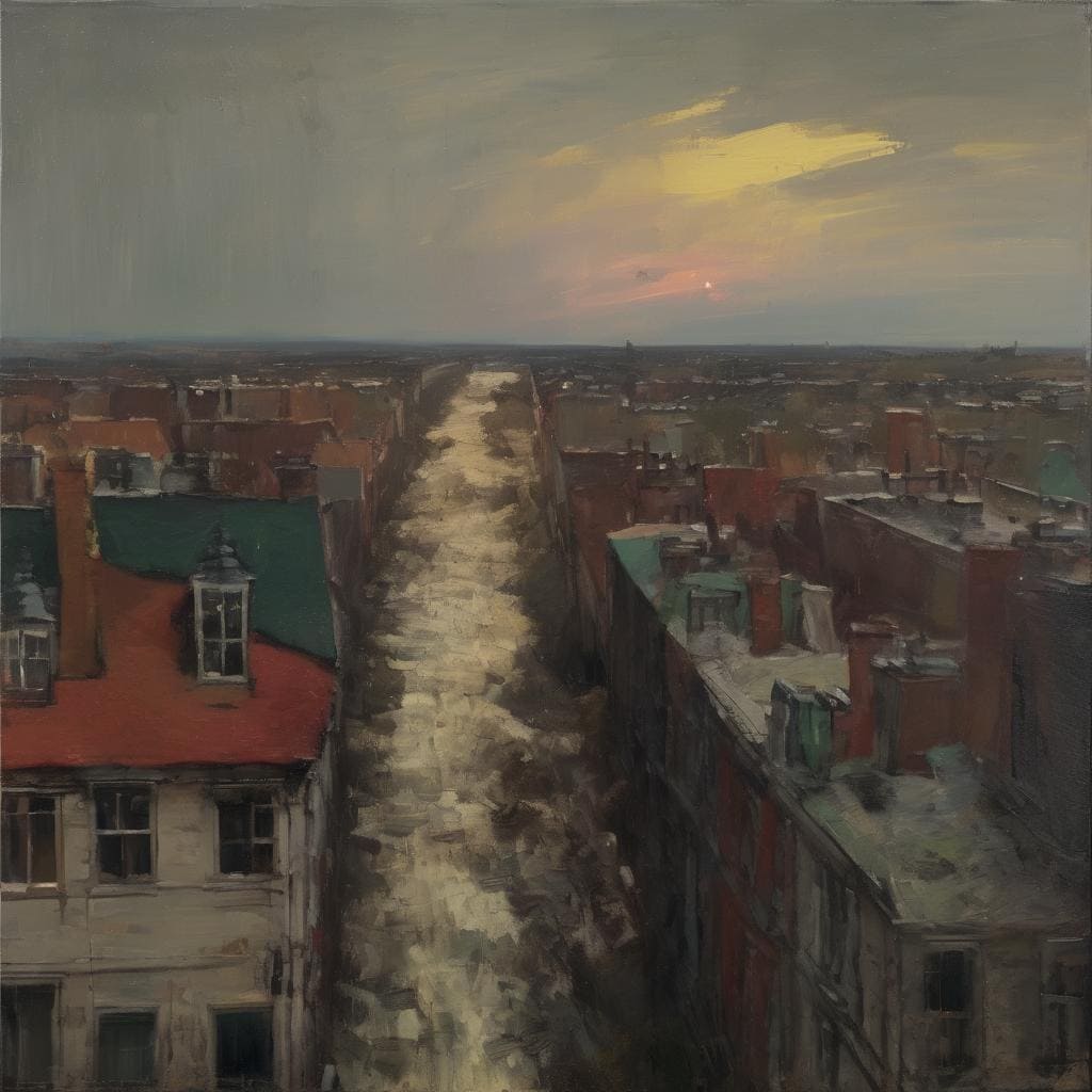 Ρεαλιστική ζωγραφιά αστικού τοπίου με πυρωμένη γκρίζα και κόκκινη στέγη υπό πορφυρό ουρανό.