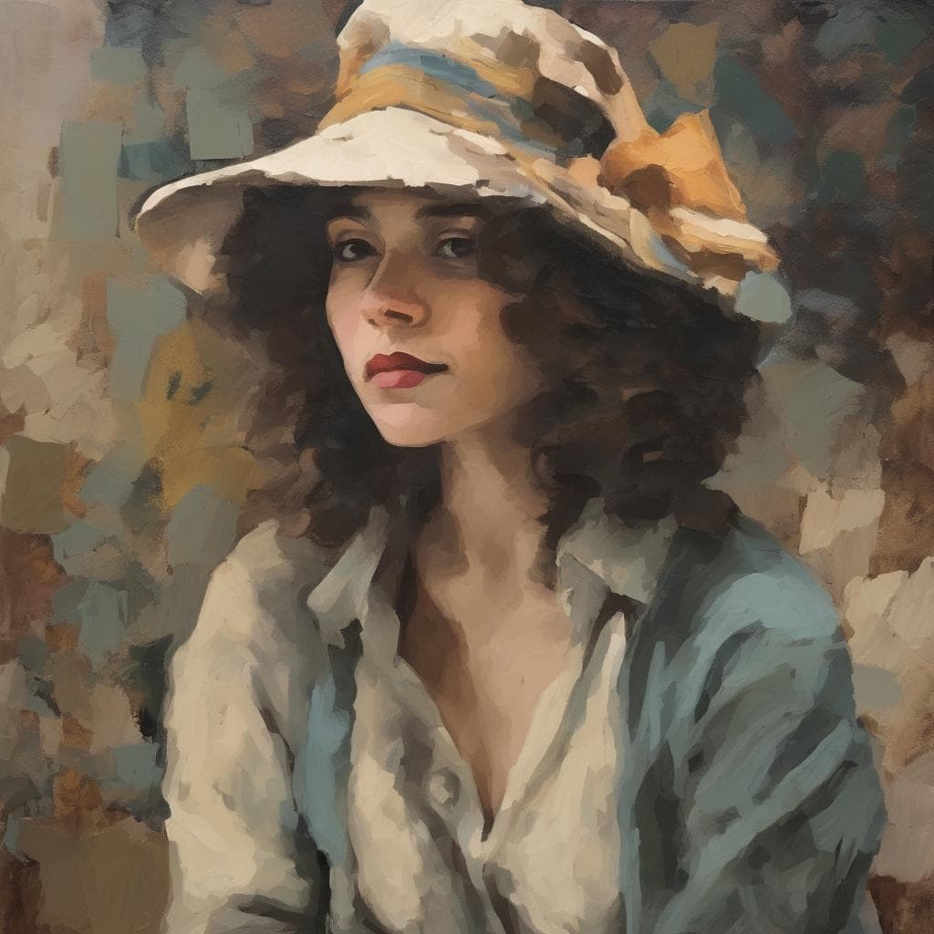 Ομορφη γυναίκα με καπέλο σε ζωγραφικό πίνακα, εκφραστική τέχνη και εικαστική γλώσσα.