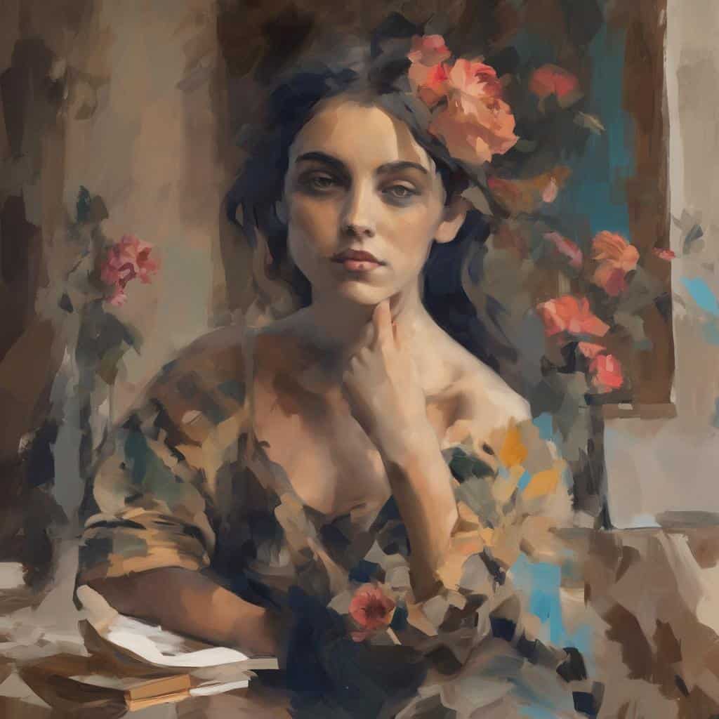 Ομορφη γυναίκα με λουλούδια στα μαλλιά, ποιοτική εικαστική σύνθεση, προσωπογραφία σε ζωγραφικό στυλ, τέχνη και έκφραση στη φύση και τον πολιτισμό.