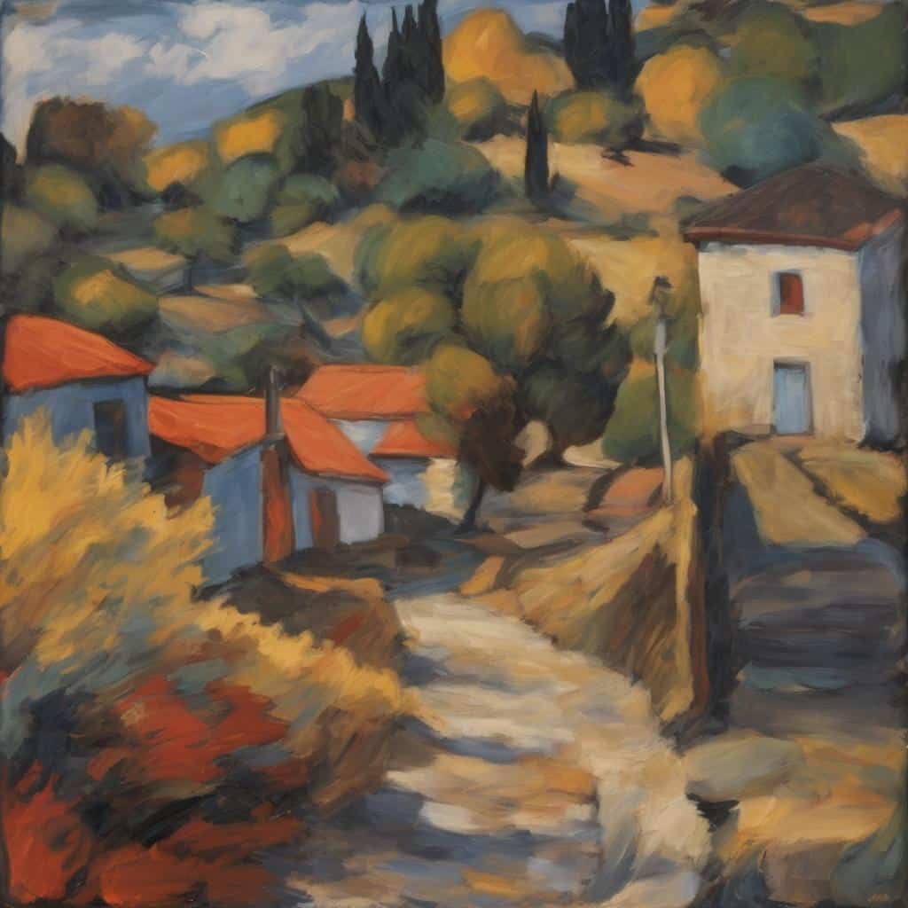 Θέμα Αγροτική Ελλάδα, παστέλ χρώματα, τοπίο, τέχνη, εικαστική γλώσσα, φύση, βιτρώ, ζωγραφική, κλασικό, παλιά σπίτια, παραδοσιακή αρχιτεκτονική.