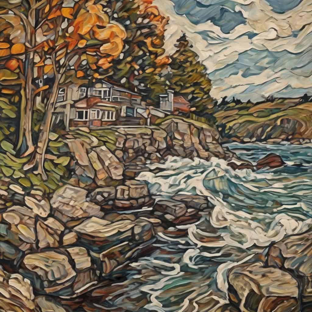 ρομαντική ελαιογραφία τοπίο με καταρράκτη και δέντρα, η δύναμη της εικαστικής γλώσσας, καλλιτεχνική απεικόνιση φύσης και φυσικών τοπίων.